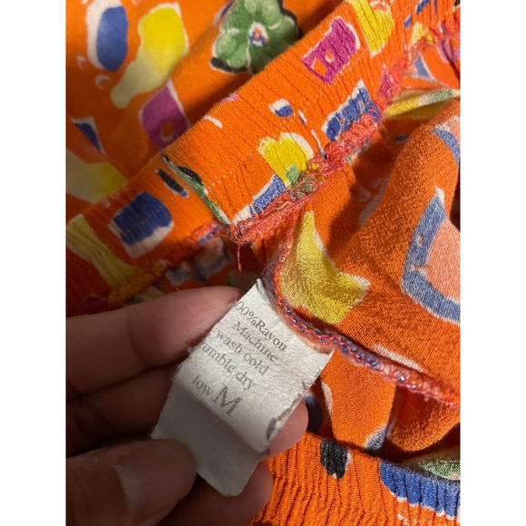 Vintage Women Capri Pants Medium Orange Rayon Abstract Pull On Wide Leg Wacky - Picture 3 of 7